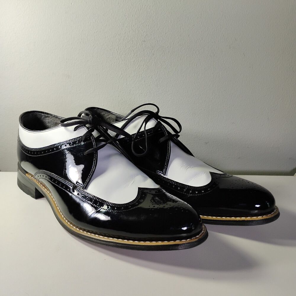 Stacy Adams Men’s 10.5 D Black White Wingtip Patent Leather Dress Shoes